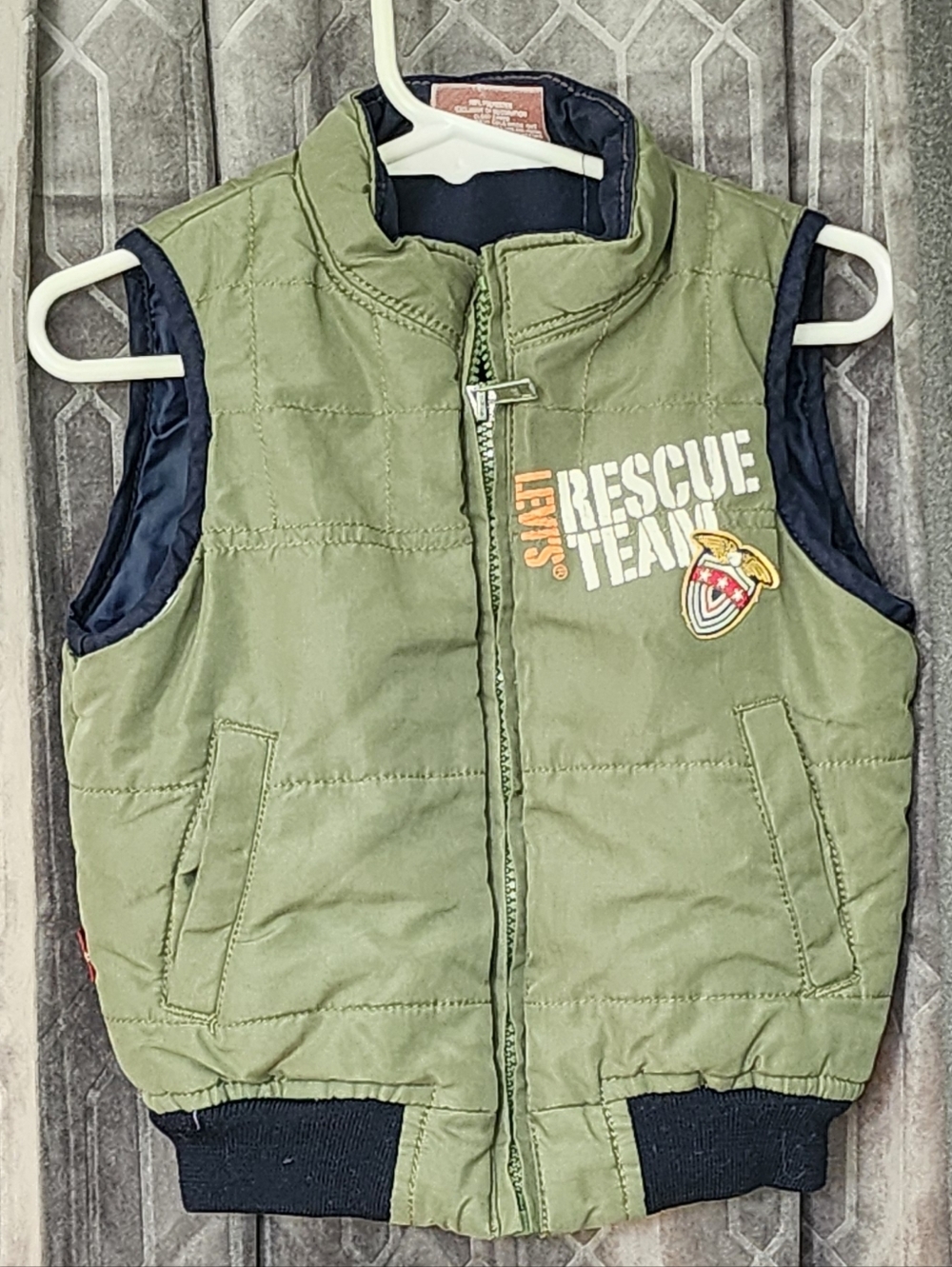Kid's Levi's Olive Green Vest with White and Orange Rescue Graphic